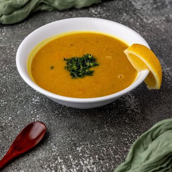 A bowl of Pita Shop's Mediterranean lentil soup, garnished with parsley and a lemon wedge.