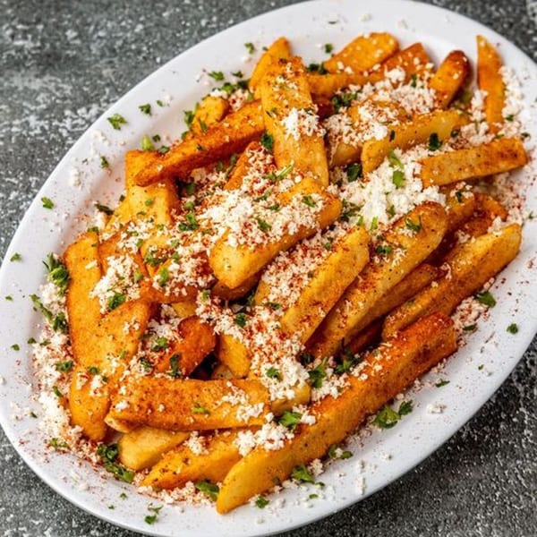 Pita Shop's golden-brown fries, generously topped with crumbled feta cheese, paprika, and fresh parsley.