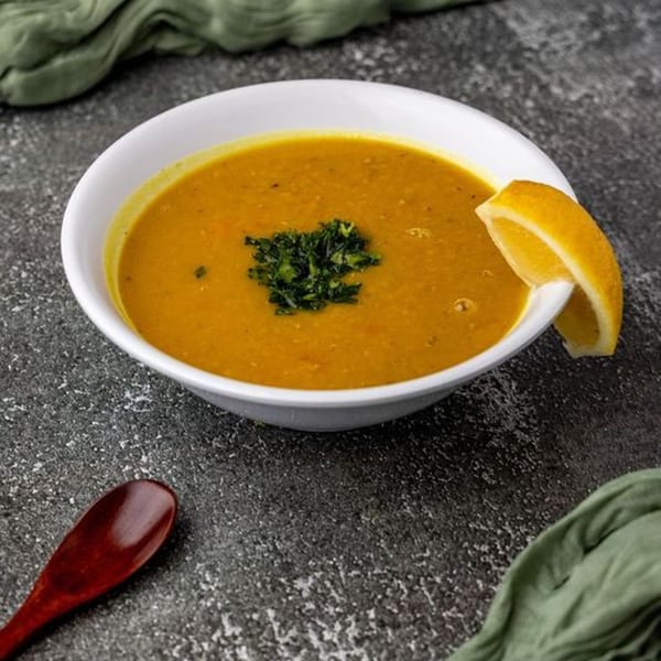 A bowl of orange lentil soup with parsley and a lemon wedge, next to a wooden spoon.